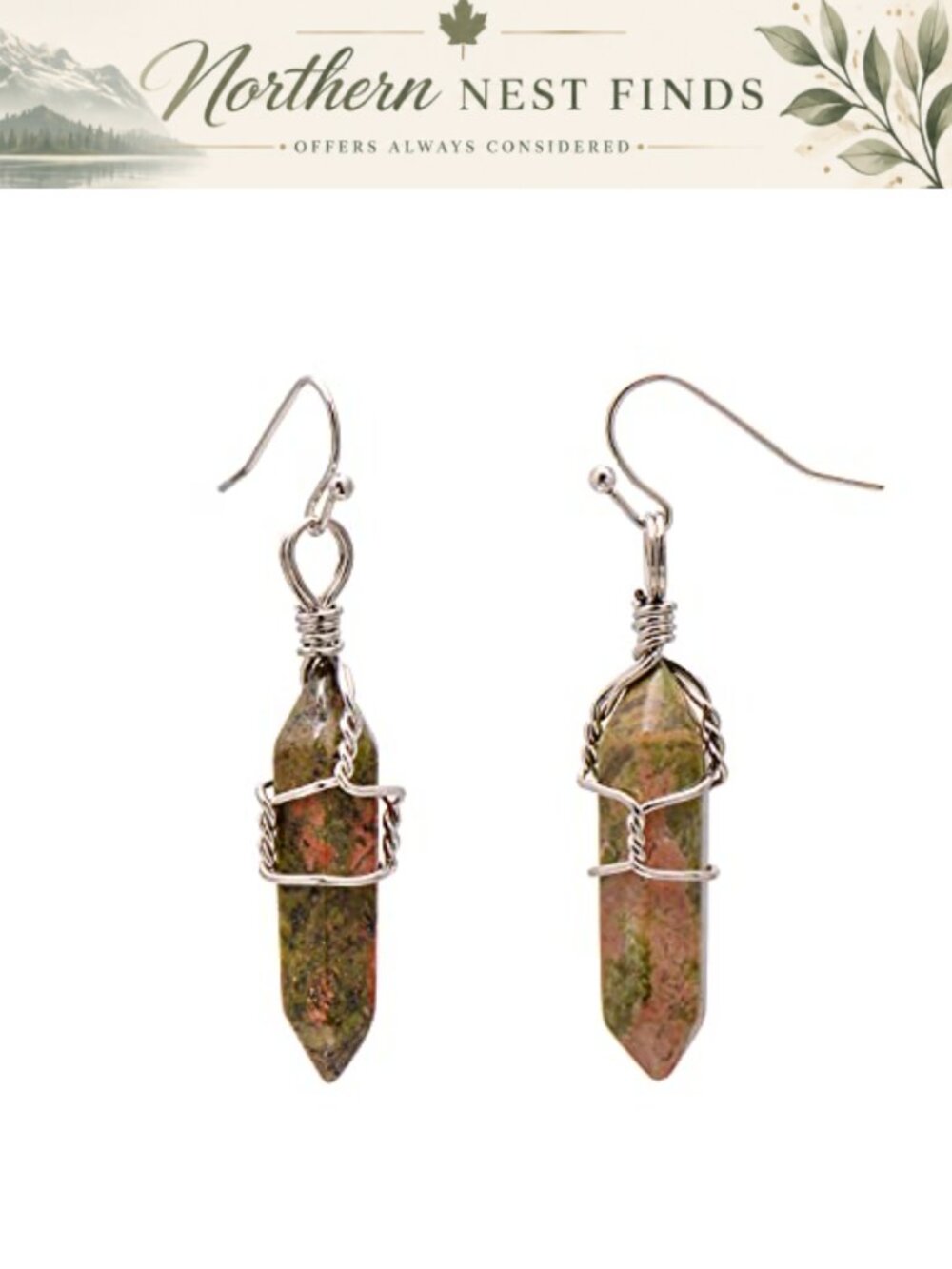 Handmade Unakite Jasper Crystal Dangle Earrings Wire Wrapped Reiki